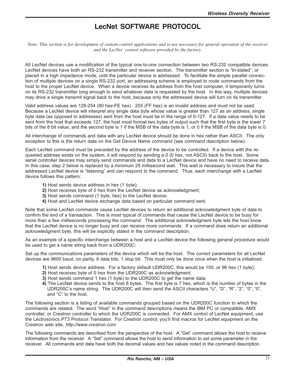 Lecnet software protocol | Lectrosonics UDR200c User Manual | Page 21 / 26