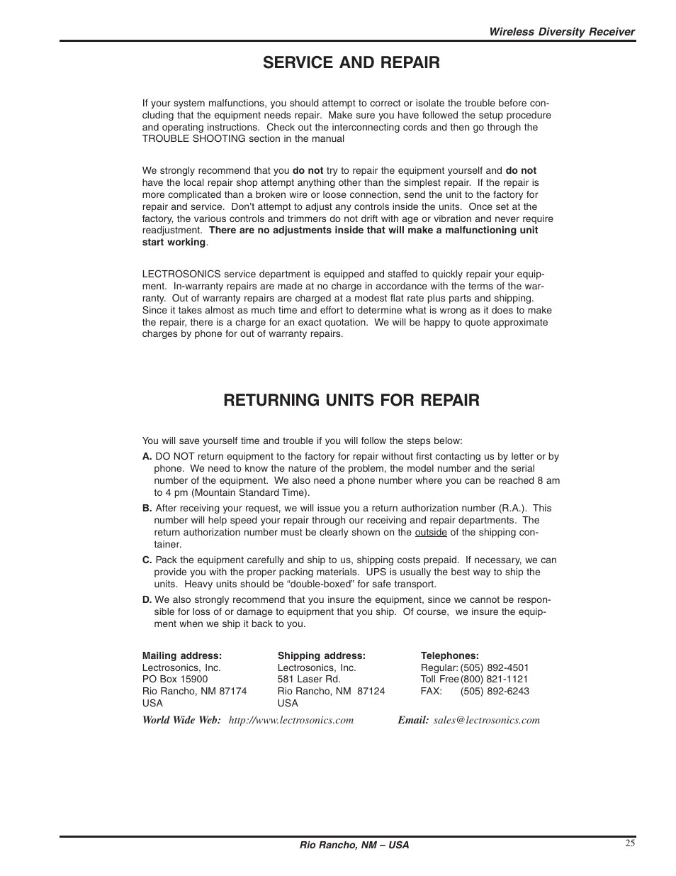 Service and repair, Returning units for repair | Lectrosonics UDR200c User Manual | Page 25 / 26