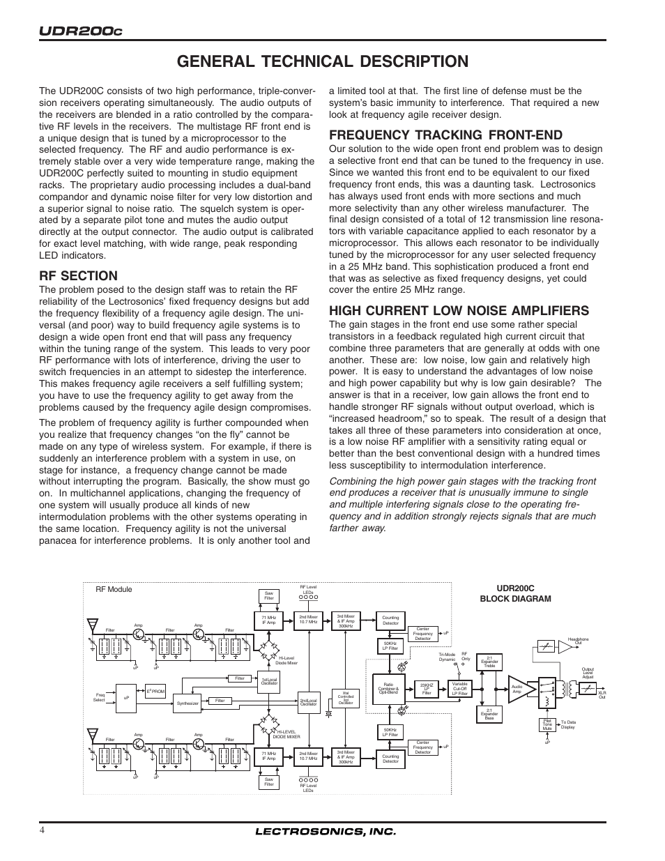 General technical description, Frequency tracking front-end, High current low noise amplifiers | Udr200c block diagram, Rf module | Lectrosonics UDR200c User Manual | Page 4 / 26