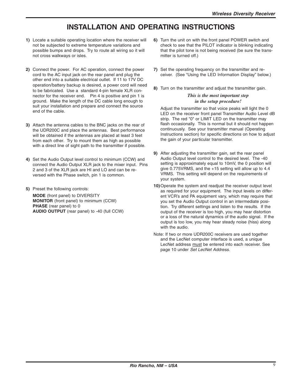 Installation and operating instructions | Lectrosonics UDR200c User Manual | Page 9 / 26