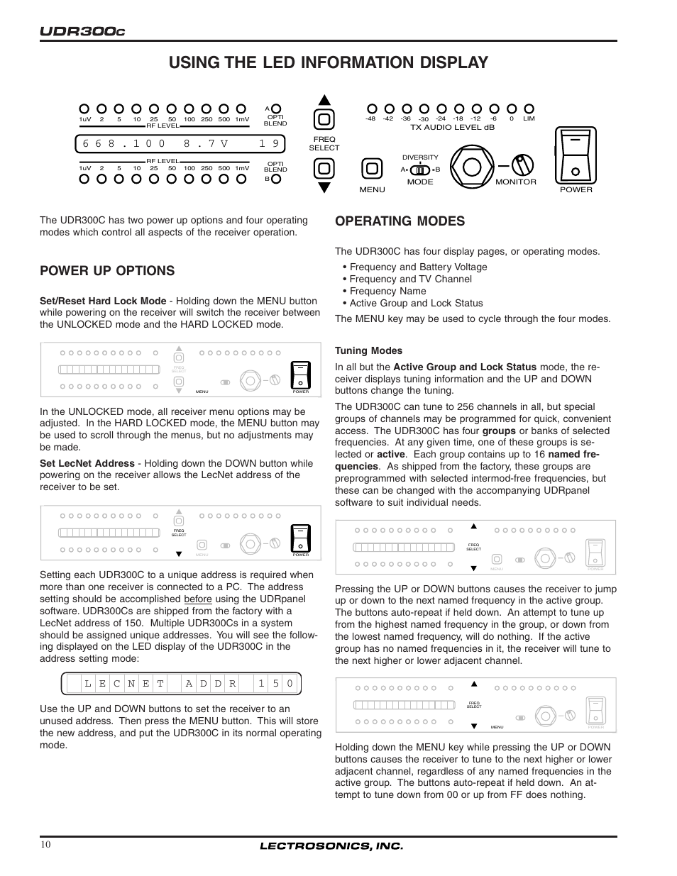 Using the led information display, Power up options, Operating modes | Lectrosonics UDR300c User Manual | Page 10 / 26