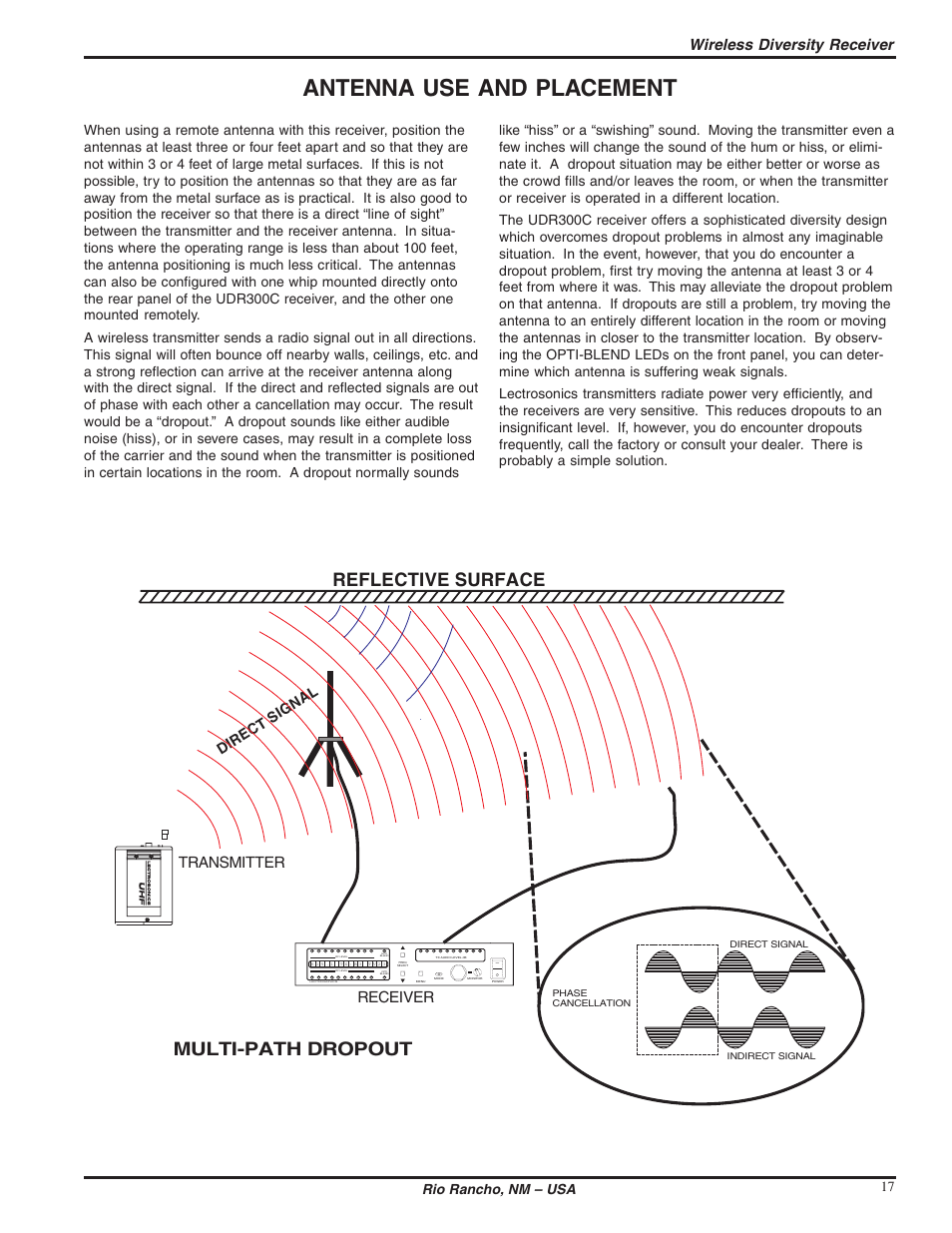 Antenna use and placement, Reflective surface, Multi-path dropout | Wireless diversity receiver, Transmitter, Receiver, Di rect si gnal, Rio rancho, nm – usa 17 | Lectrosonics UDR300c User Manual | Page 17 / 26