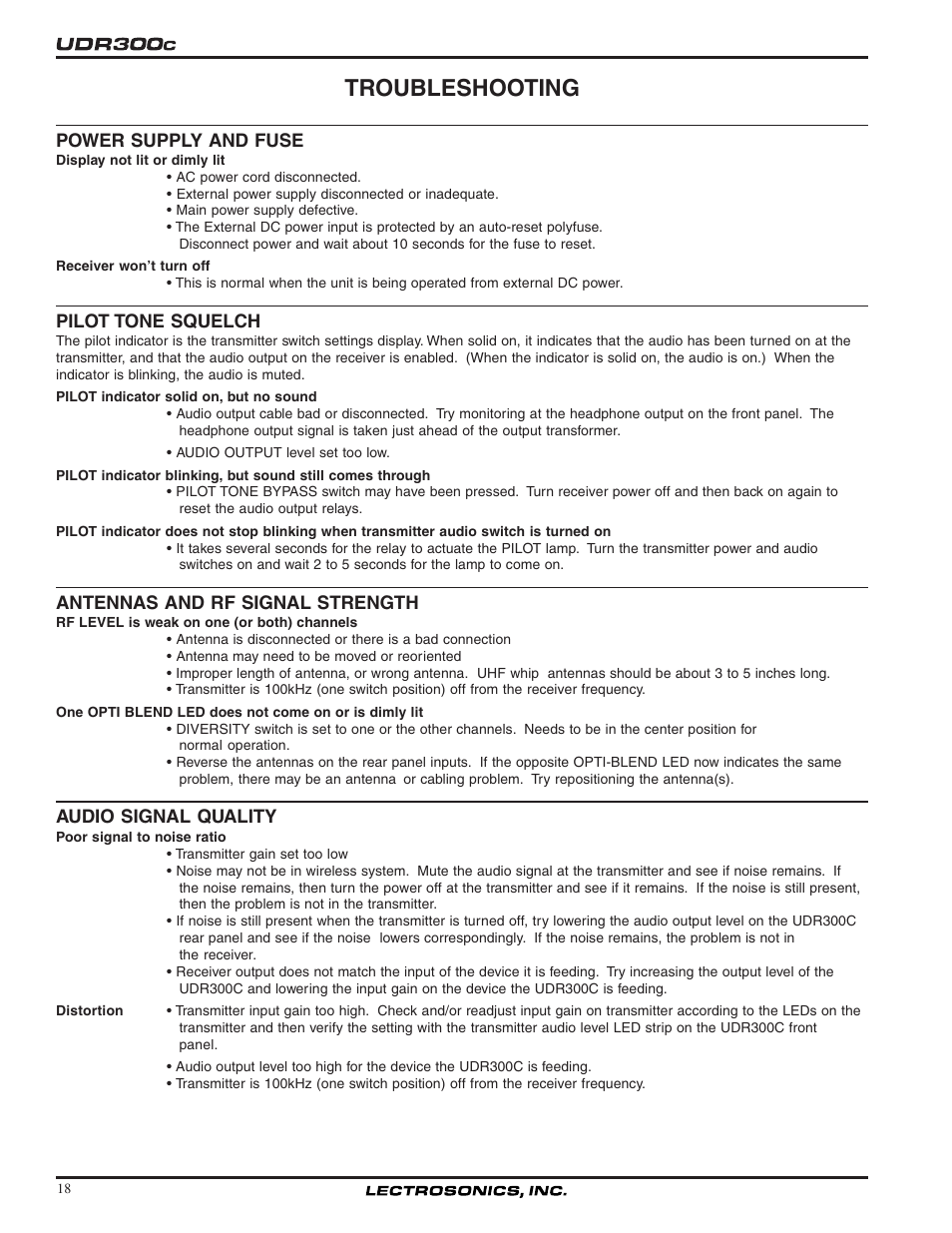 Troubleshooting | Lectrosonics UDR300c User Manual | Page 18 / 26