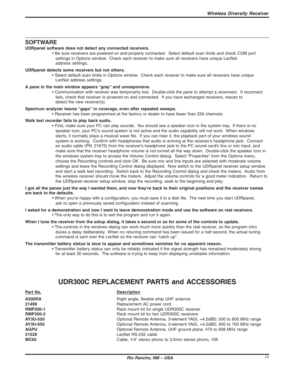 Udr300c replacement parts and accessories, Software | Lectrosonics UDR300c User Manual | Page 19 / 26