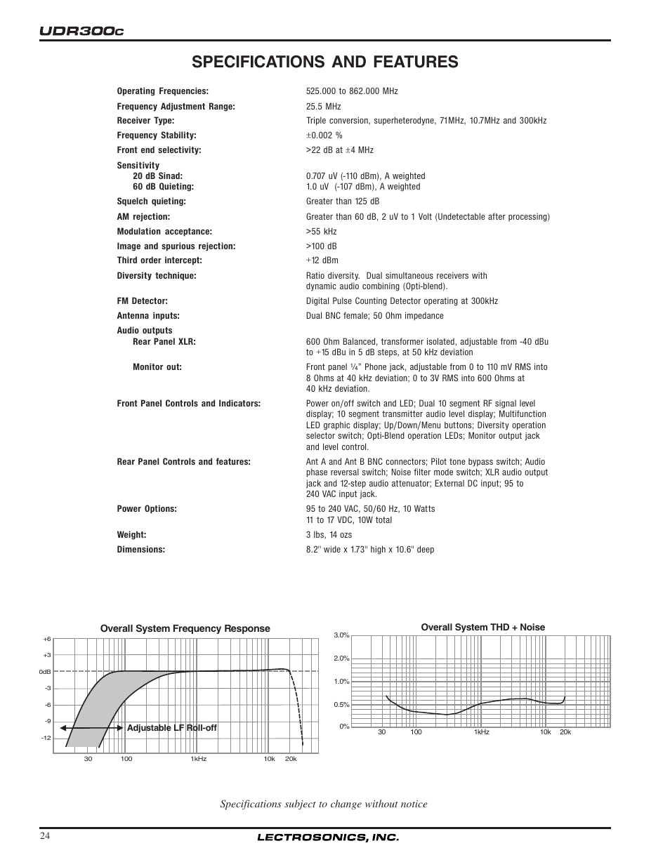 Specifications and features | Lectrosonics UDR300c User Manual | Page 24 / 26