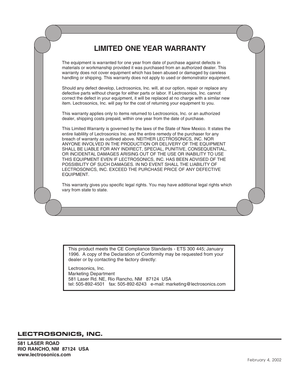 Limited one year warranty | Lectrosonics UDR300c User Manual | Page 26 / 26