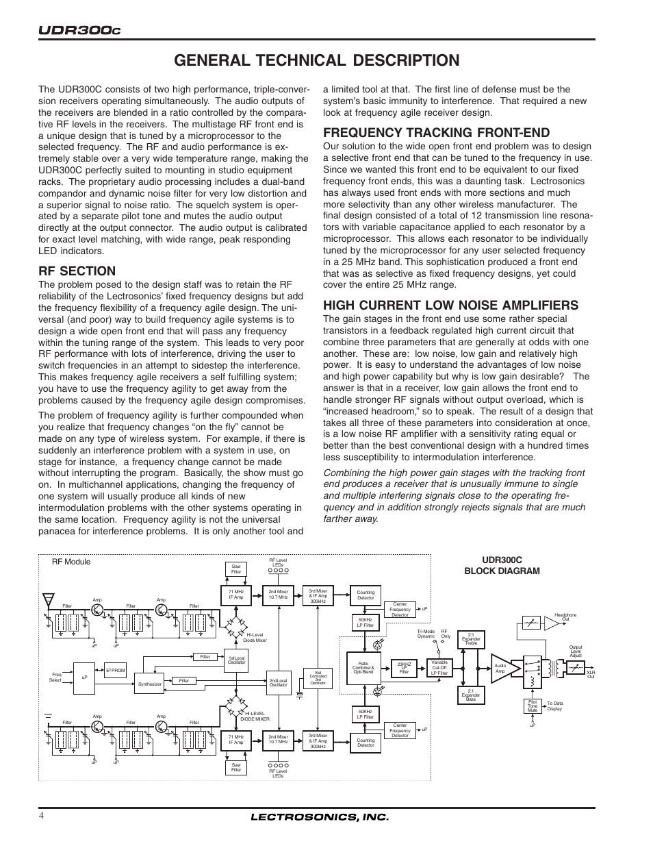 General technical description, Frequency tracking front-end, High current low noise amplifiers | Udr300c, Block diagram, Rf module | Lectrosonics UDR300c User Manual | Page 4 / 26