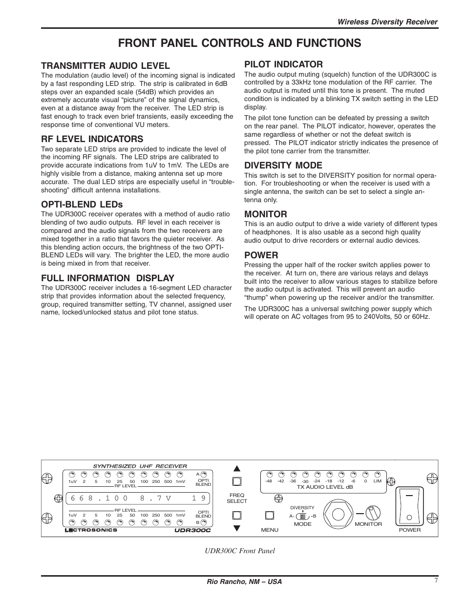Front panel controls and functions, Transmitter audio level, Rf level indicators | Opti-blend leds, Full information display, Pilot indicator, Diversity mode, Monitor, Power, Wireless diversity receiver | Lectrosonics UDR300c User Manual | Page 7 / 26
