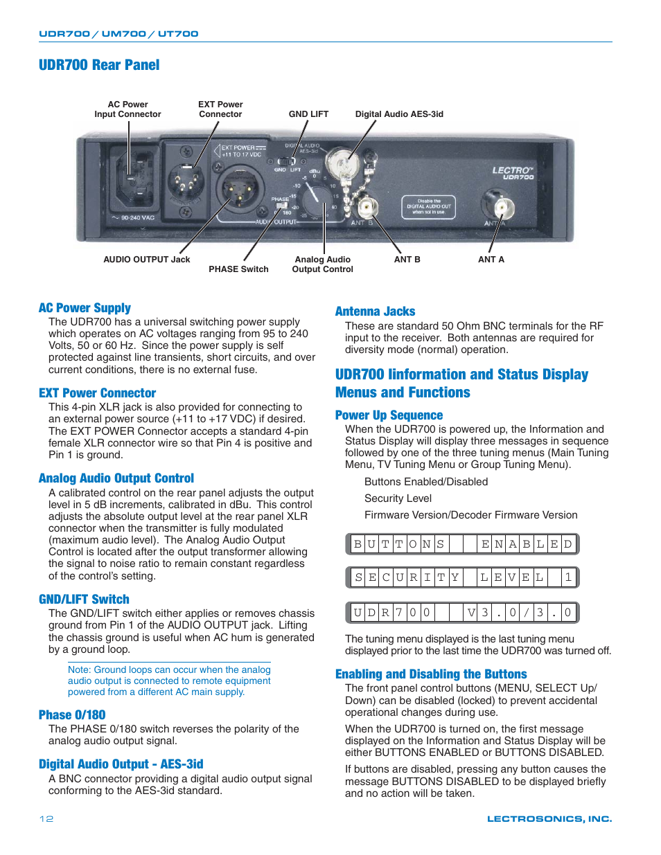 Udr700 rear panel, Ac power supply, Ext power connector | Analog audio output control, Gnd/lift switch, Phase 0/180, Digital audio output - aes-3id, Antenna jacks, Power up sequence, Enabling and disabling the buttons | Lectrosonics UT700 User Manual | Page 12 / 36