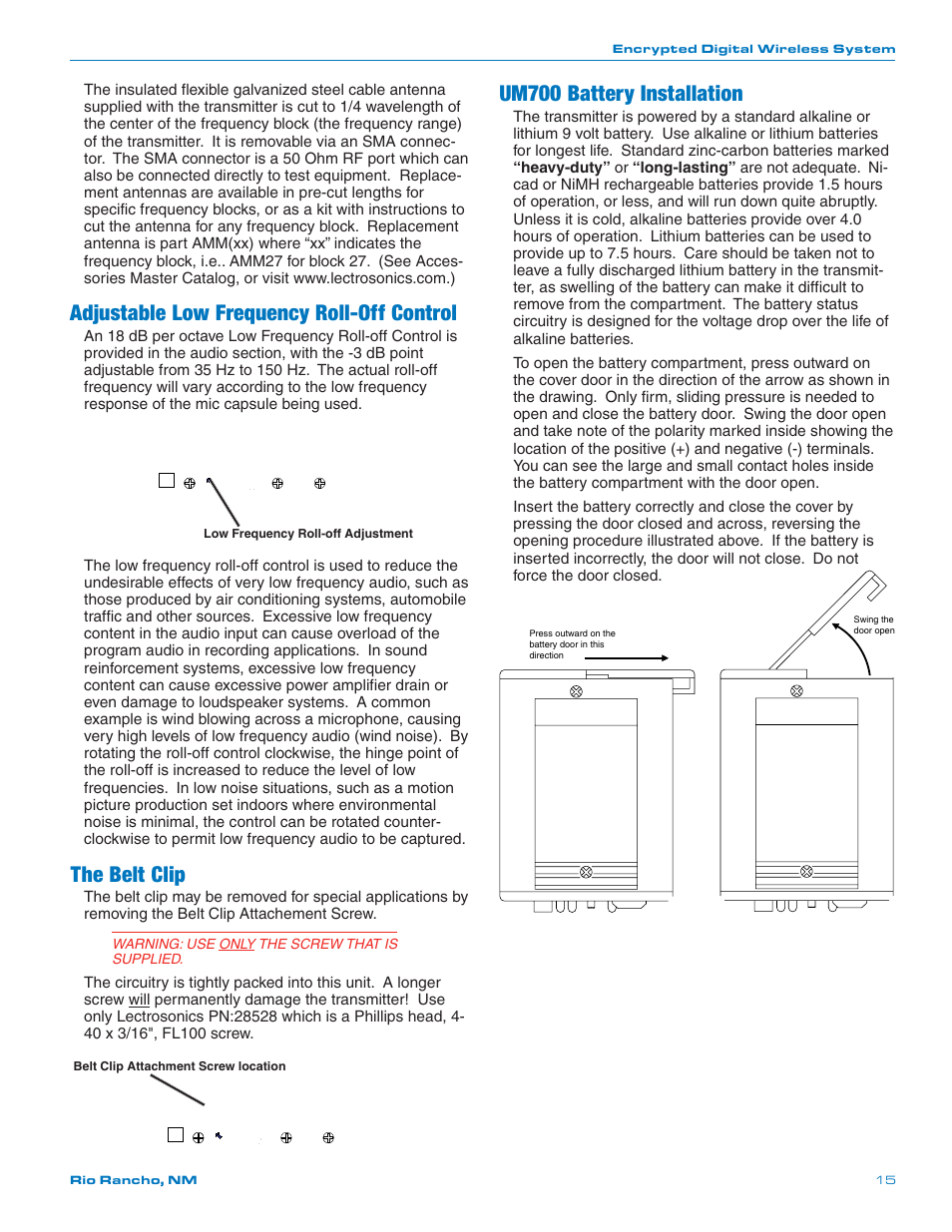 Adjustable low frequency roll-off control, The belt clip, Um700 battery installation | Lectrosonics UT700 User Manual | Page 15 / 36