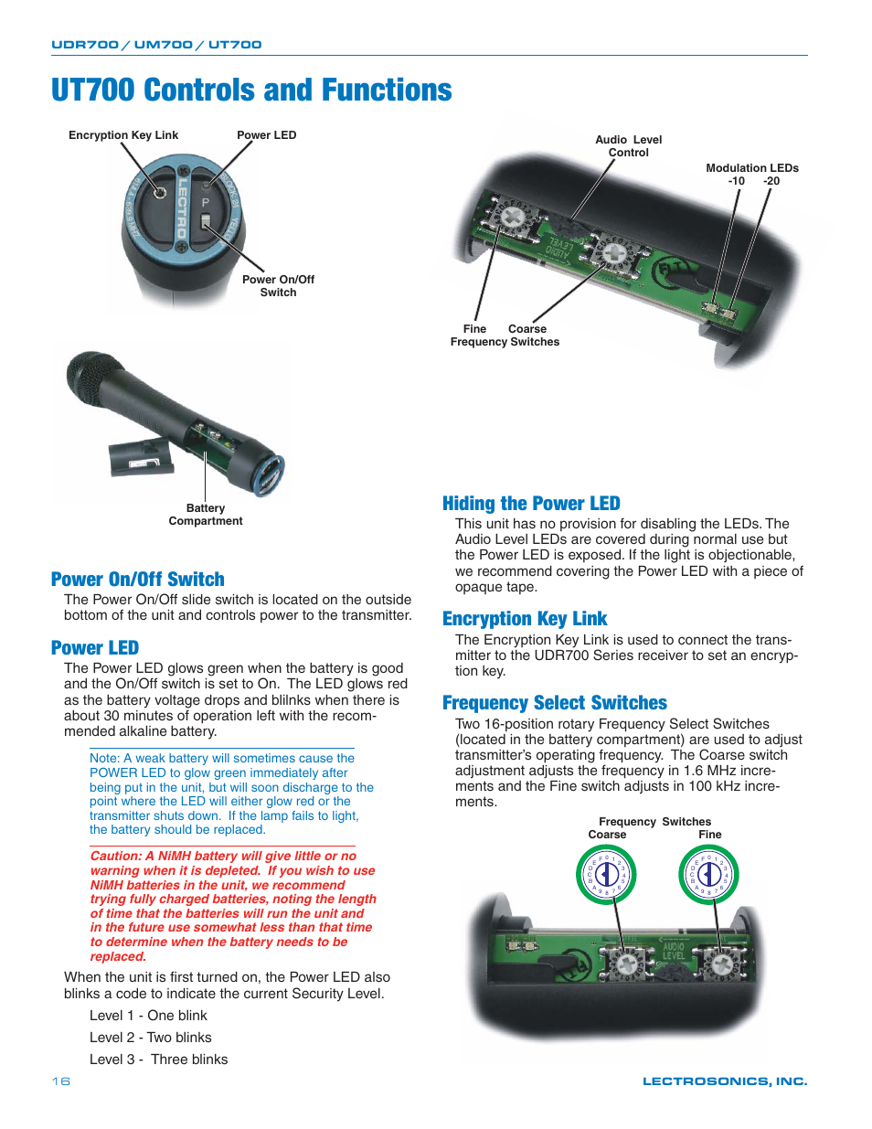Ut700 controls and functions, Power on/off switch, Power led | Hiding the power led, Encryption key link, Frequency select switches | Lectrosonics UT700 User Manual | Page 16 / 36