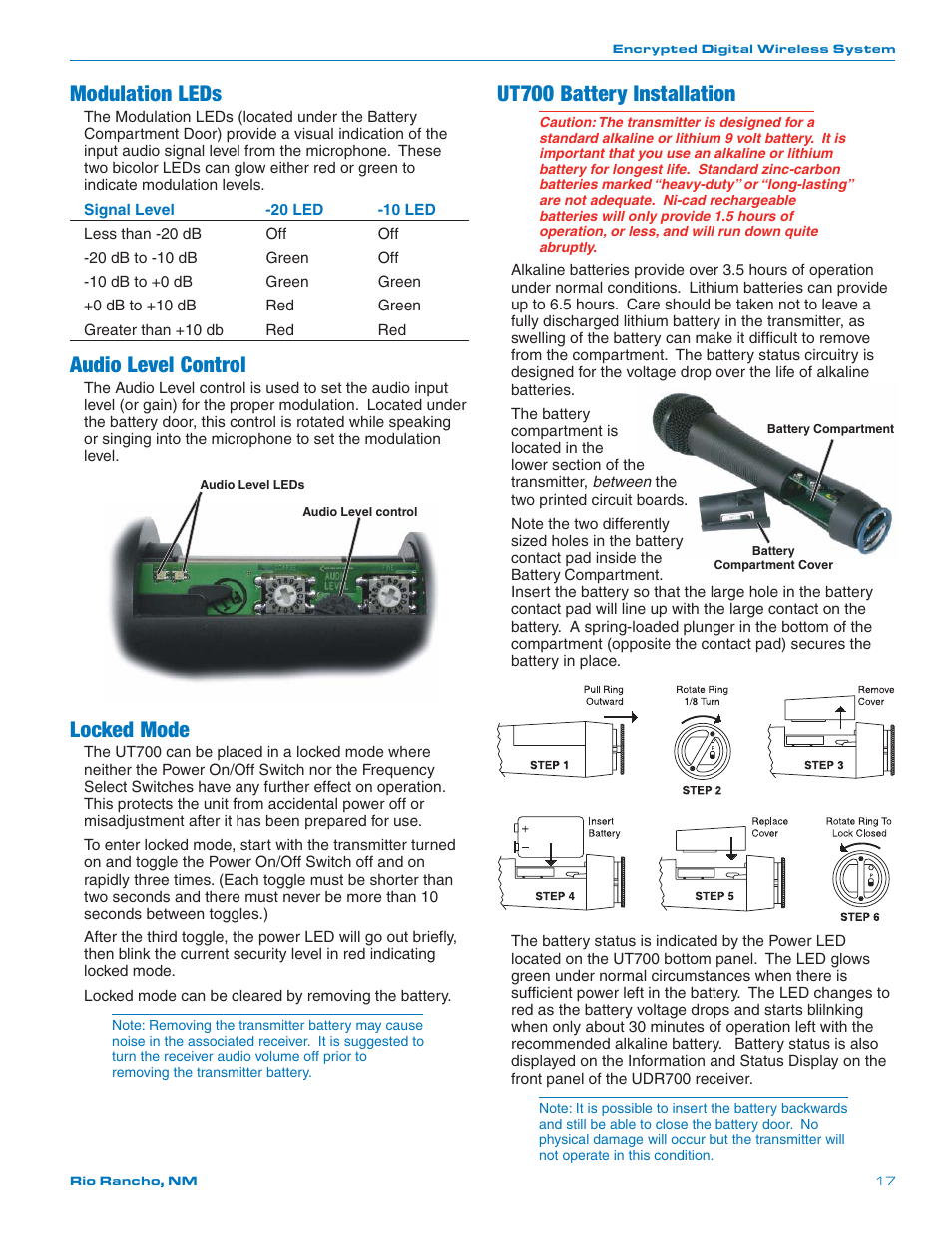 Modulation leds, Audio level control, Locked mode | Ut700 battery installation | Lectrosonics UT700 User Manual | Page 17 / 36