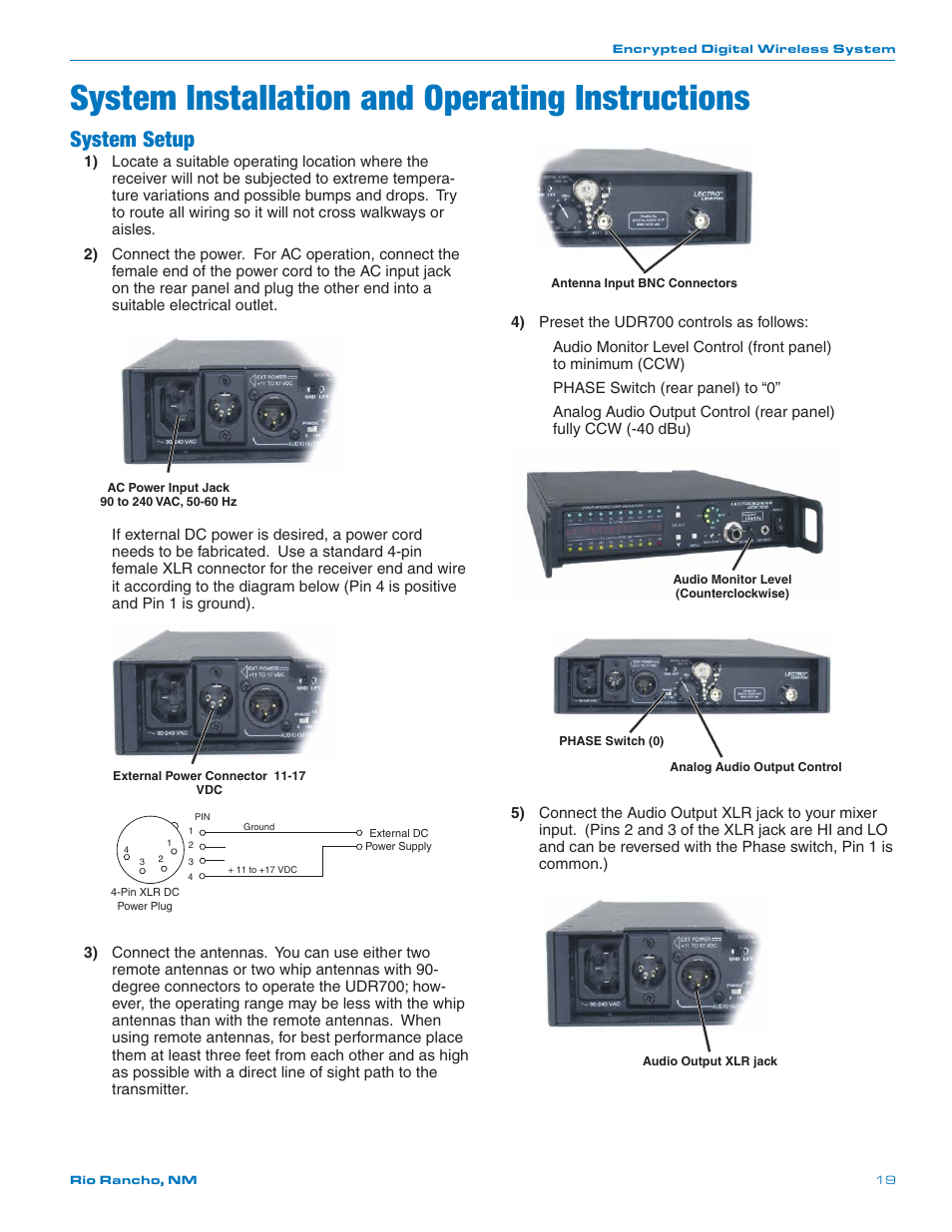 System installation and operating instructions, System setup | Lectrosonics UT700 User Manual | Page 19 / 36