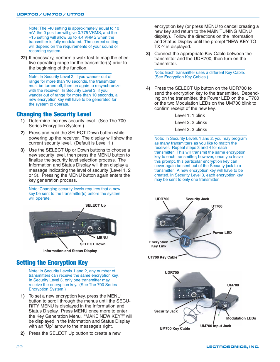 Changing the security level, Setting the encryption key | Lectrosonics UT700 User Manual | Page 22 / 36