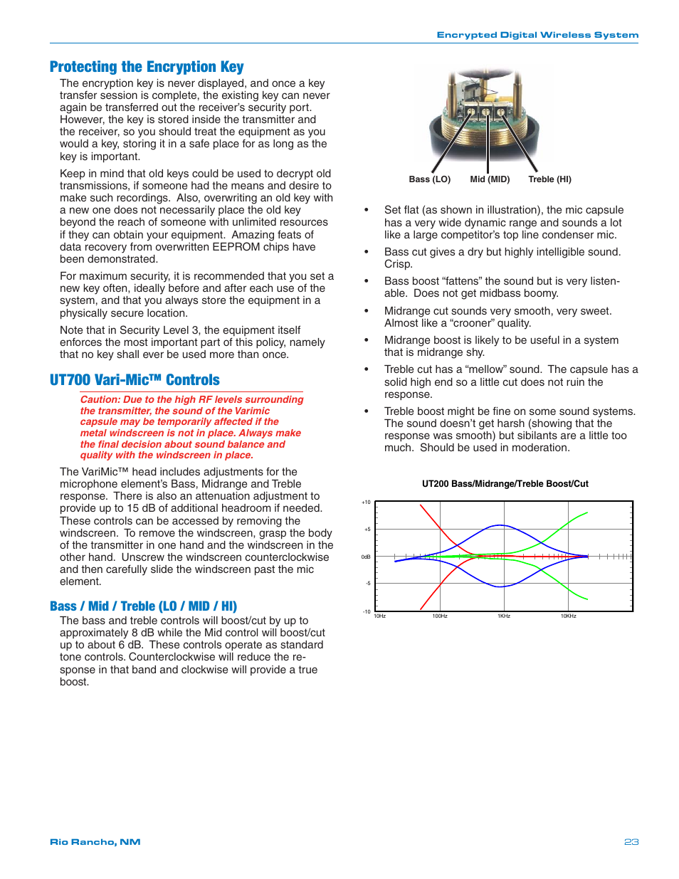 Protecting the encryption key, Ut700 vari-mic™ controls, Bass / mid / treble (lo / mid / hi) | Lectrosonics UT700 User Manual | Page 23 / 36