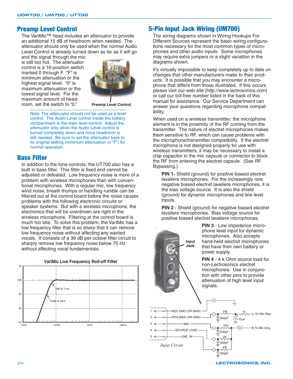 Preamp level control, Bass filter, Pin input jack wiring (um700) | Lectrosonics UT700 User Manual | Page 24 / 36
