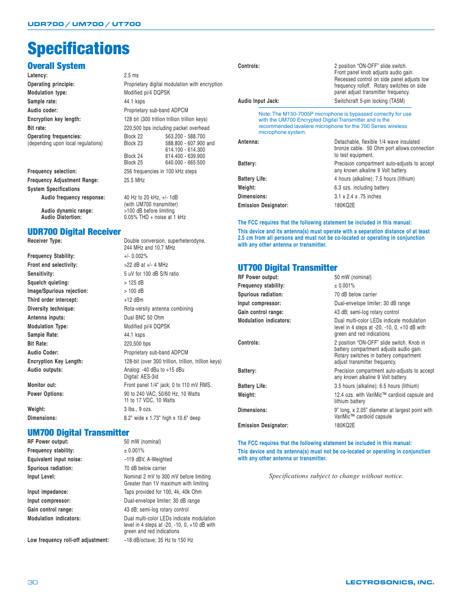 Specifications, Overall system, Udr700 digital receiver | Um700 digital transmitter, Ut700 digital transmitter | Lectrosonics UT700 User Manual | Page 30 / 36
