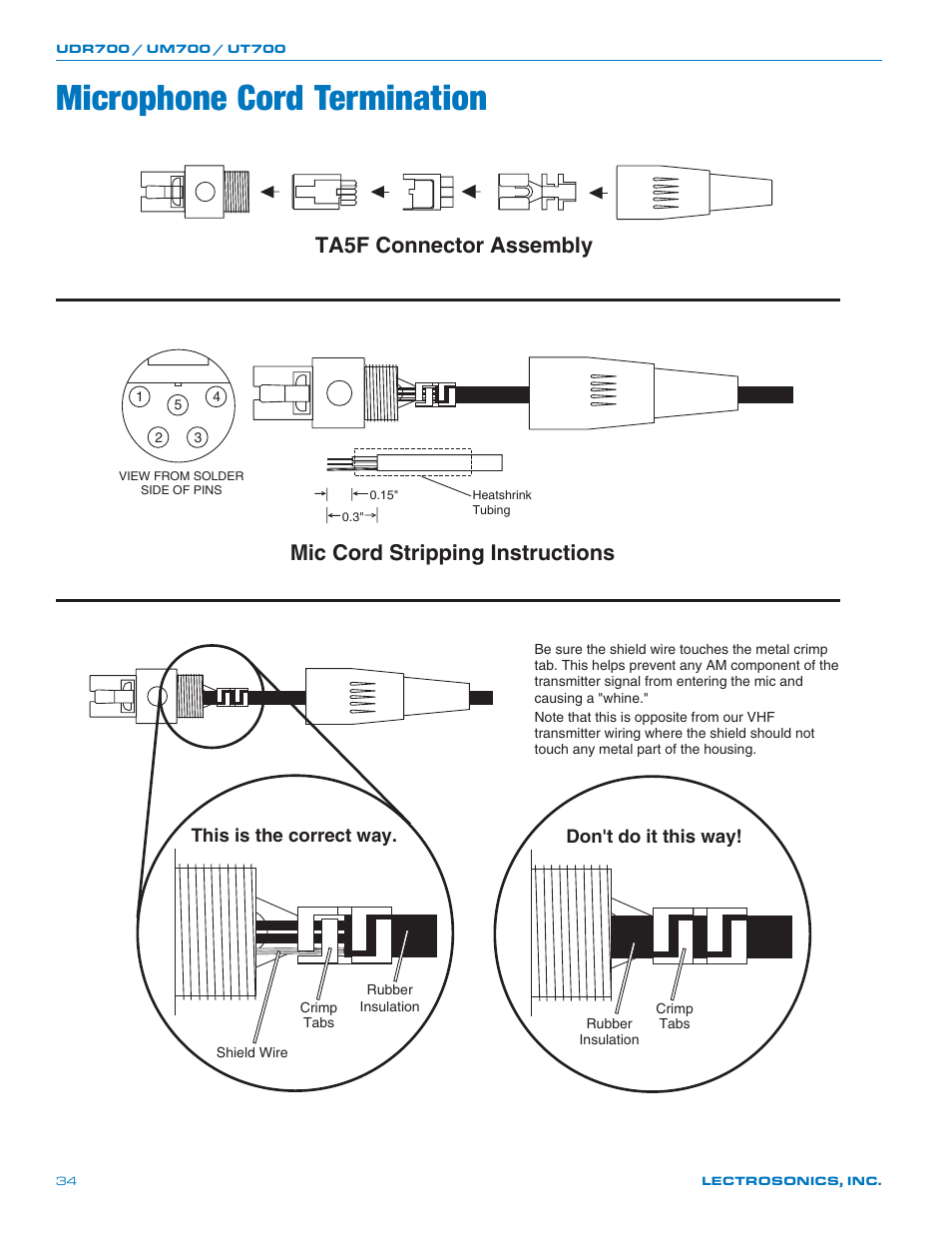 Microphone cord termination | Lectrosonics UT700 User Manual | Page 34 / 36