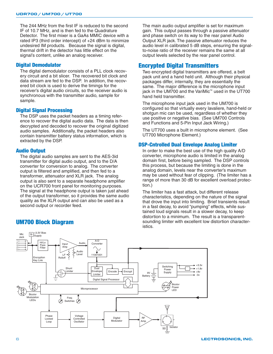 Um700 block diagram, Encrypted digital transmitters, Digital demodulator | Digital signal processing, Audio output, Dsp-cntrolled dual envelope analog limiter | Lectrosonics UT700 User Manual | Page 6 / 36