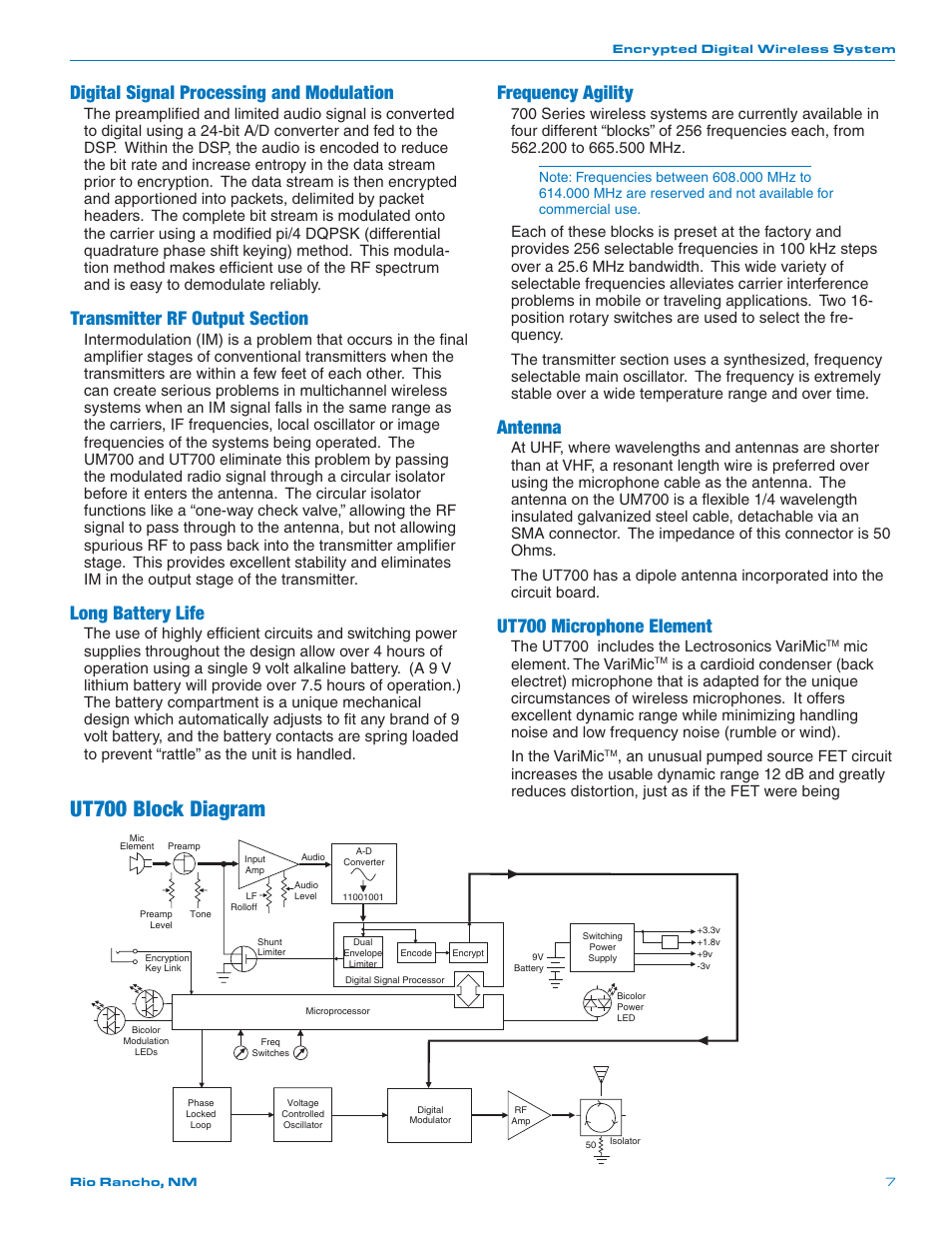 Ut700 block diagram, Digital signal processing and modulation, Long battery life | Frequency agility, Antenna, Ut700 microphone element, The ut700 includes the lectrosonics varimic, Mic element. the varimic | Lectrosonics UT700 User Manual | Page 7 / 36