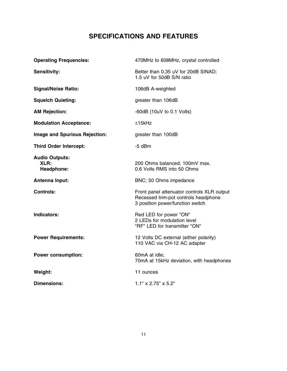 Specifications and features | Lectrosonics UR190 User Manual | Page 12 / 13