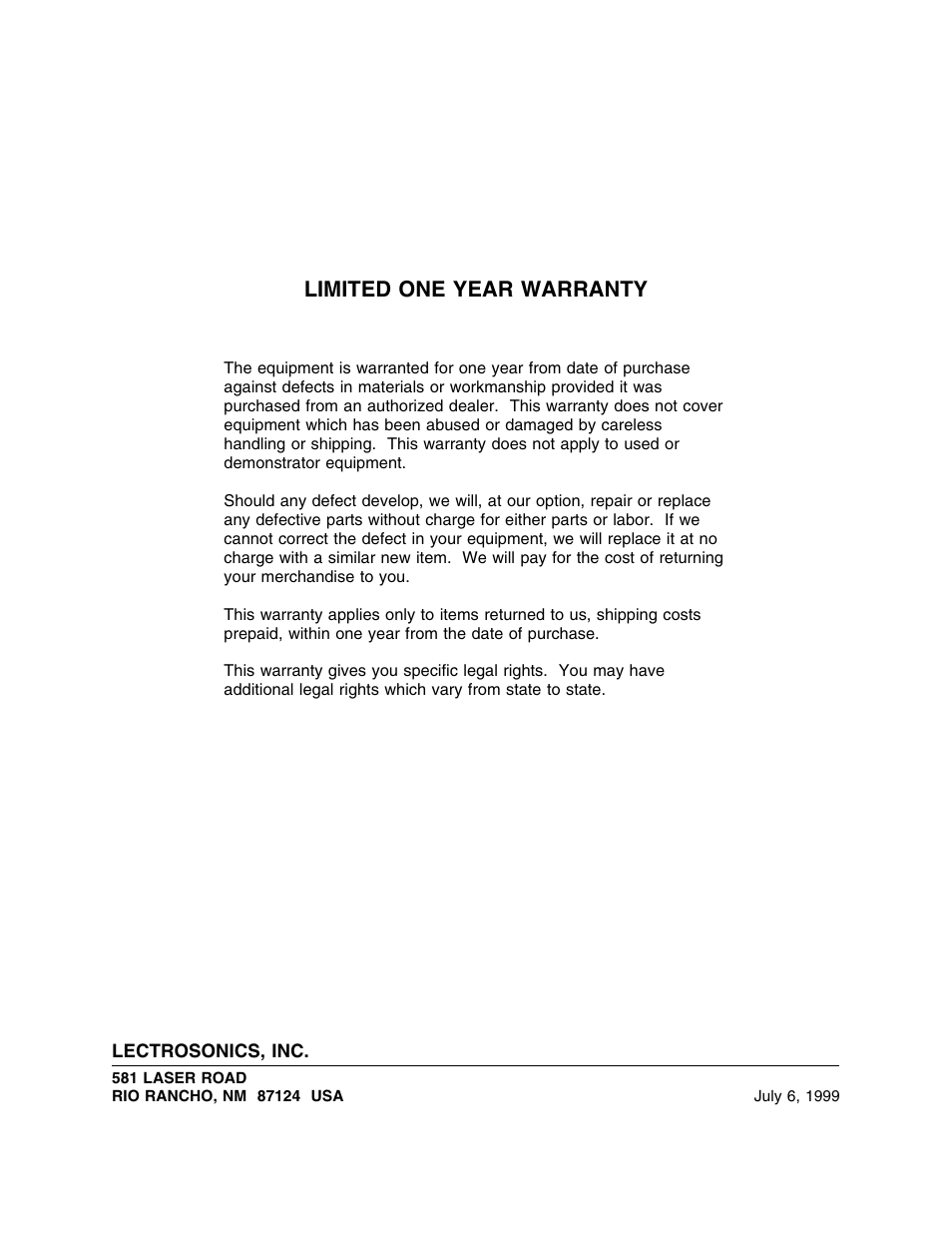 Limited one year warranty | Lectrosonics UR190 User Manual | Page 13 / 13