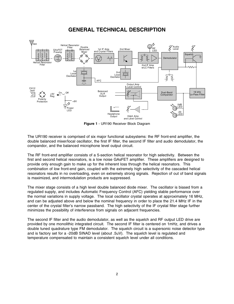 General technical description, Figure 1 - ur190 receiver block diagram | Lectrosonics UR190 User Manual | Page 3 / 13