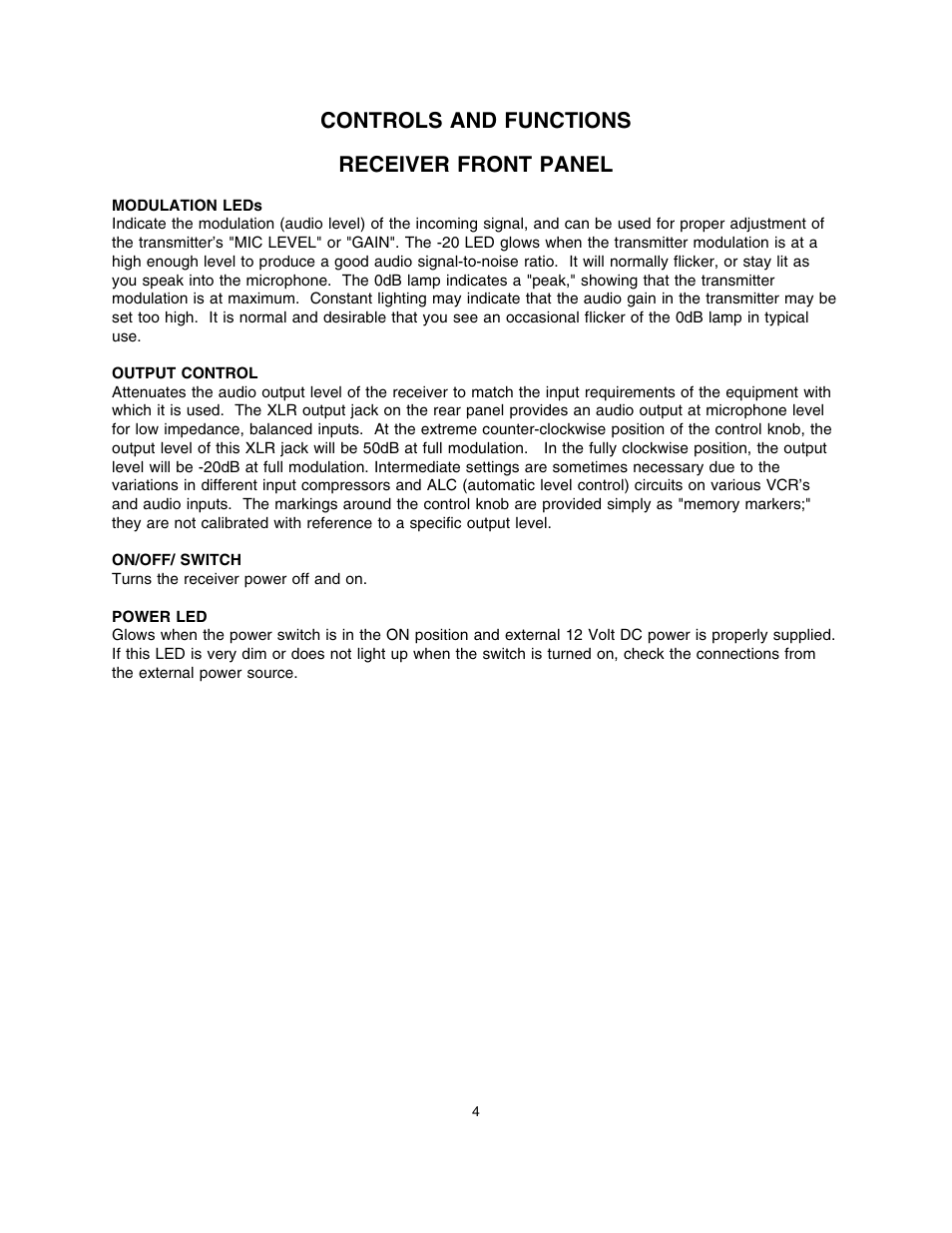Controls and functions, Receiver front panel, Controls and functions receiver front panel | Lectrosonics UR190 User Manual | Page 5 / 13