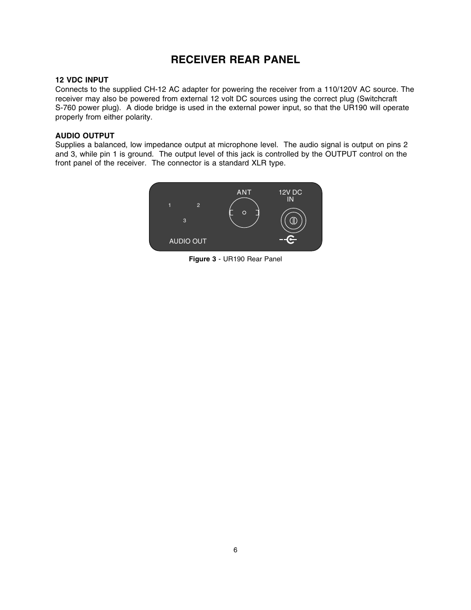 Receiver rear panel | Lectrosonics UR190 User Manual | Page 7 / 13