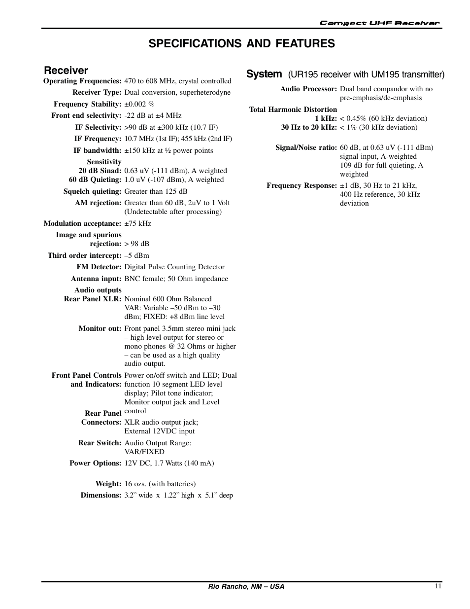 Specifications and features, Receiver, System | Lectrosonics UT195 User Manual | Page 11 / 12