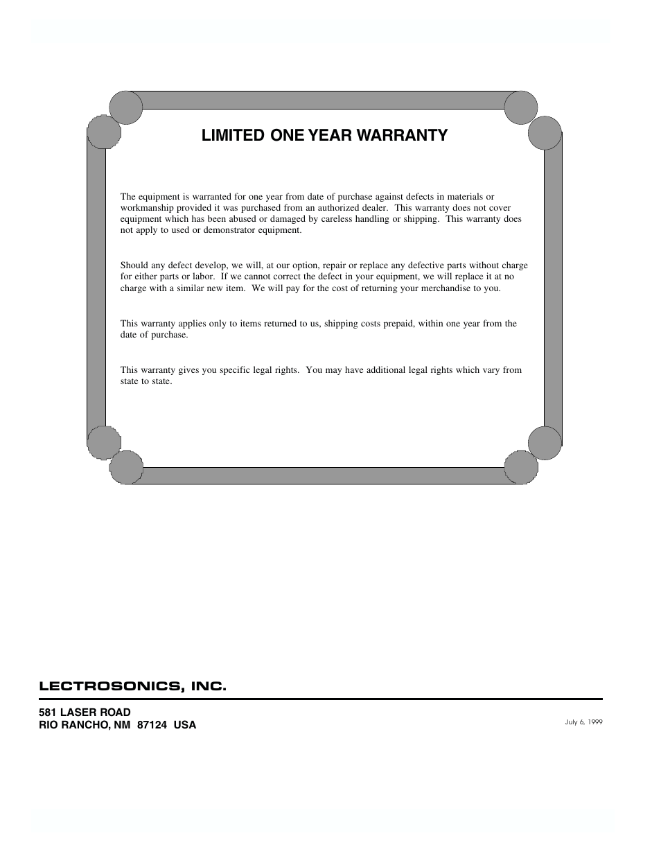 Limited one year warranty | Lectrosonics UT195 User Manual | Page 12 / 12