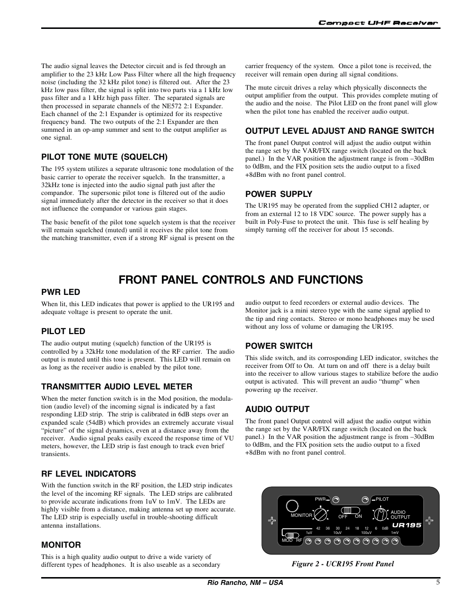 Front panel controls and functions, Pilot tone mute (squelch), Output level adjust and range switch | Power supply, Pwr led, Pilot led, Transmitter audio level meter, Rf level indicators, Monitor, Power switch | Lectrosonics UT195 User Manual | Page 5 / 12