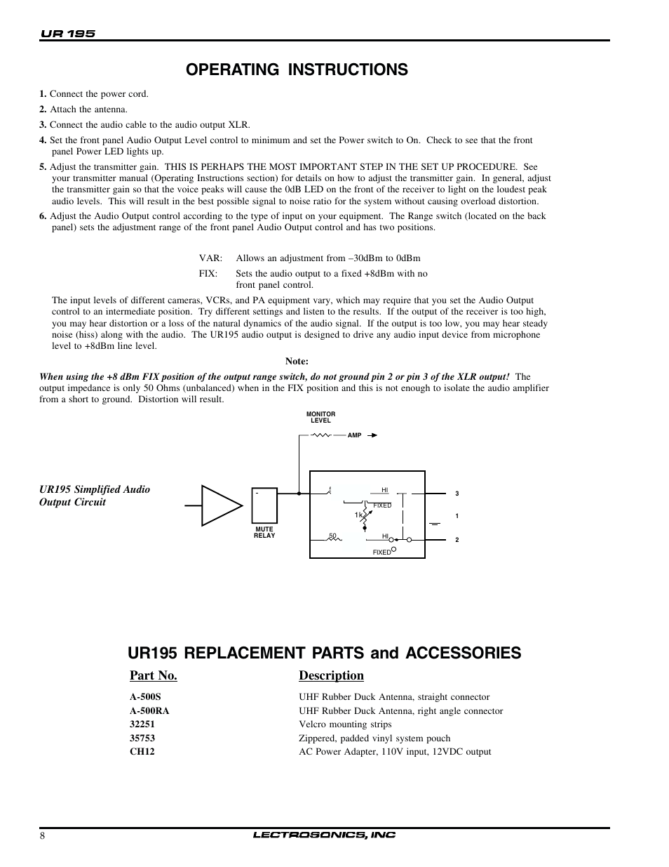 Operating instructions, Ur195 replacement parts and accessories, Part no. description | Lectrosonics UT195 User Manual | Page 8 / 12