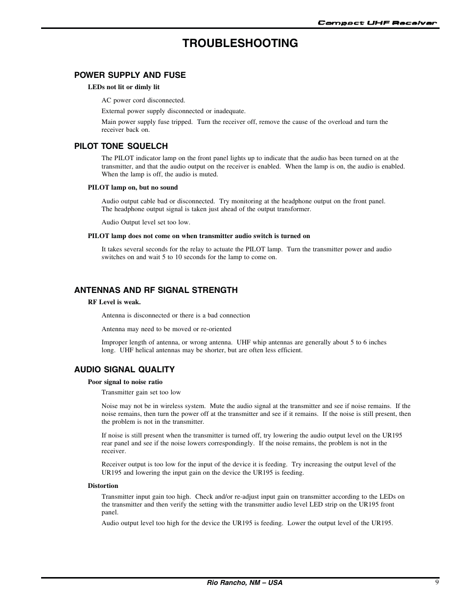 Troubleshooting | Lectrosonics UT195 User Manual | Page 9 / 12