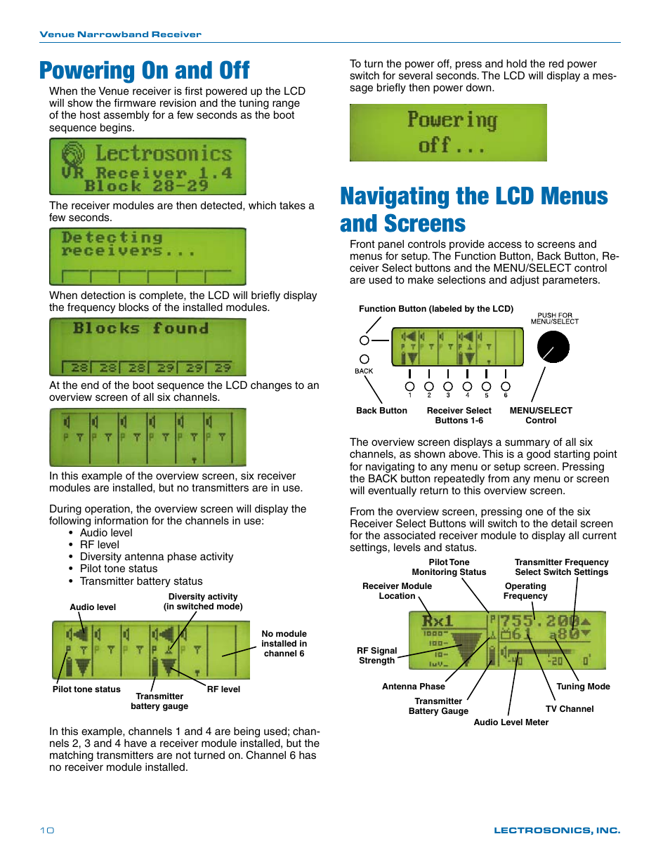 Powering on and off, Navigating the lcd menus and screens | Lectrosonics Venue (Narrowband) User Manual | Page 10 / 32