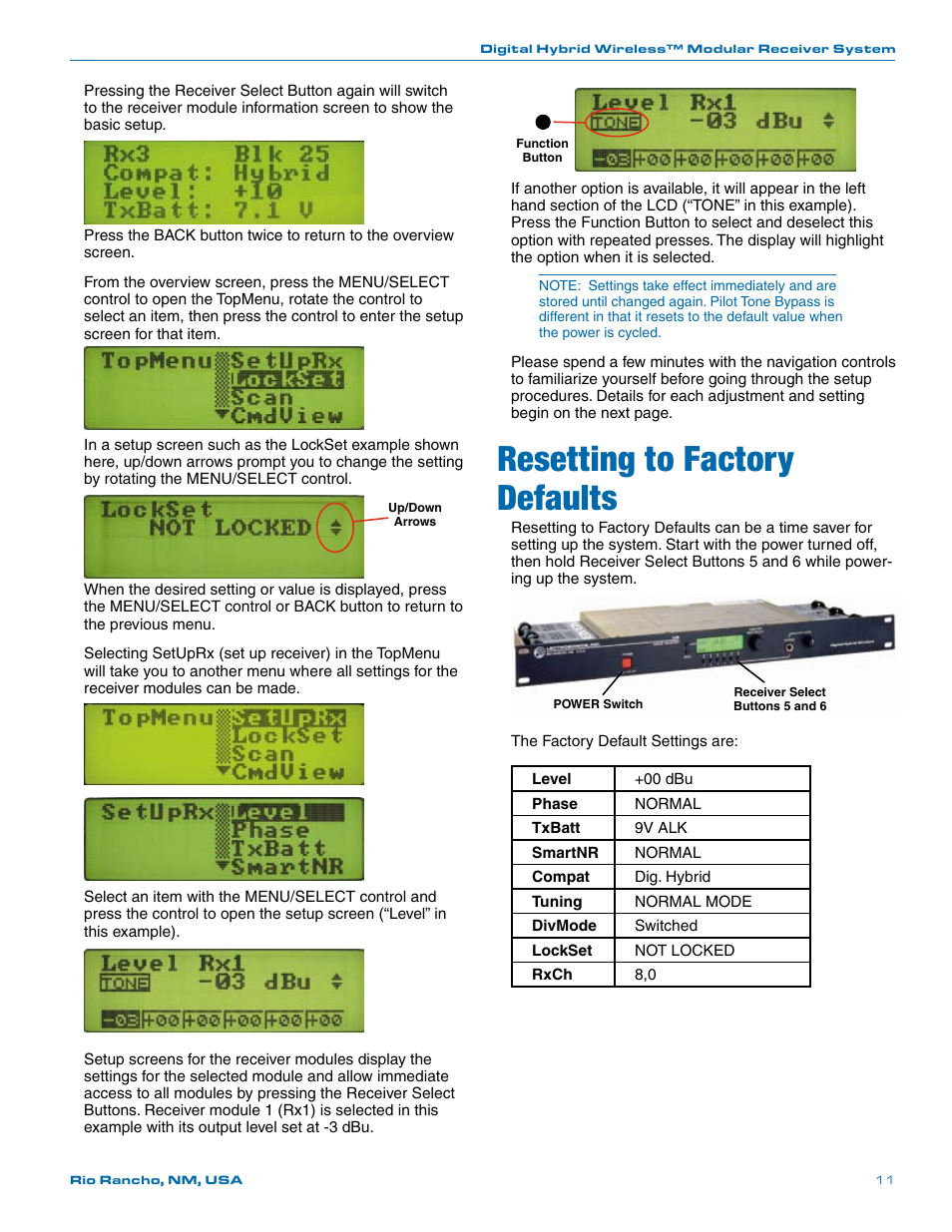 Resetting to factory defaults | Lectrosonics Venue (Narrowband) User Manual | Page 11 / 32