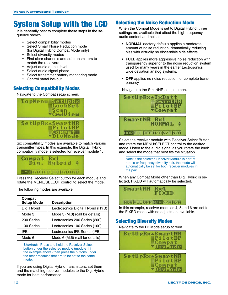 System setup with the lcd, Selecting compatibility modes, Selecting the noise reduction mode | Selecting diversity modes | Lectrosonics Venue (Narrowband) User Manual | Page 12 / 32