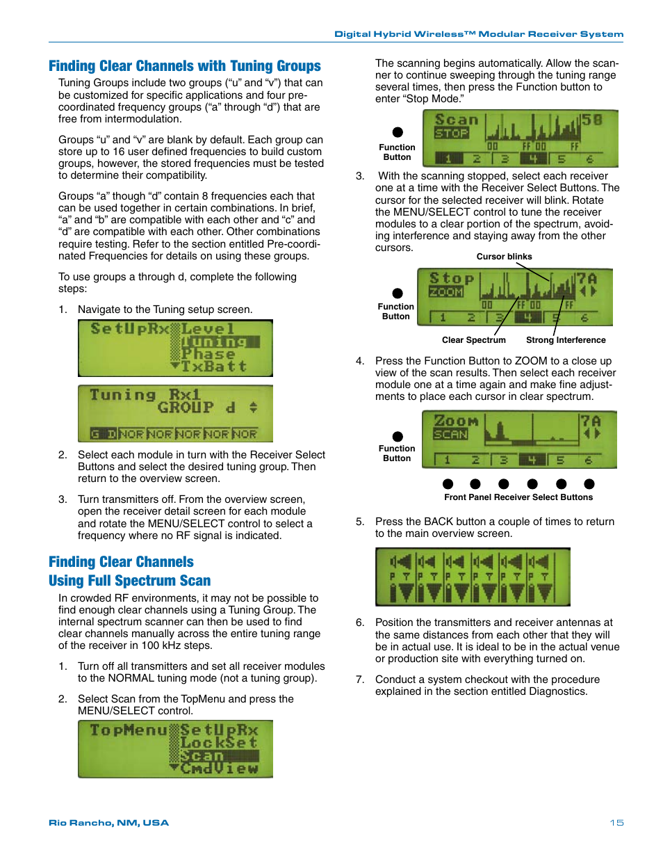 Finding clear channels with tuning groups, Finding clear channels using full spectrum scan | Lectrosonics Venue (Narrowband) User Manual | Page 15 / 32