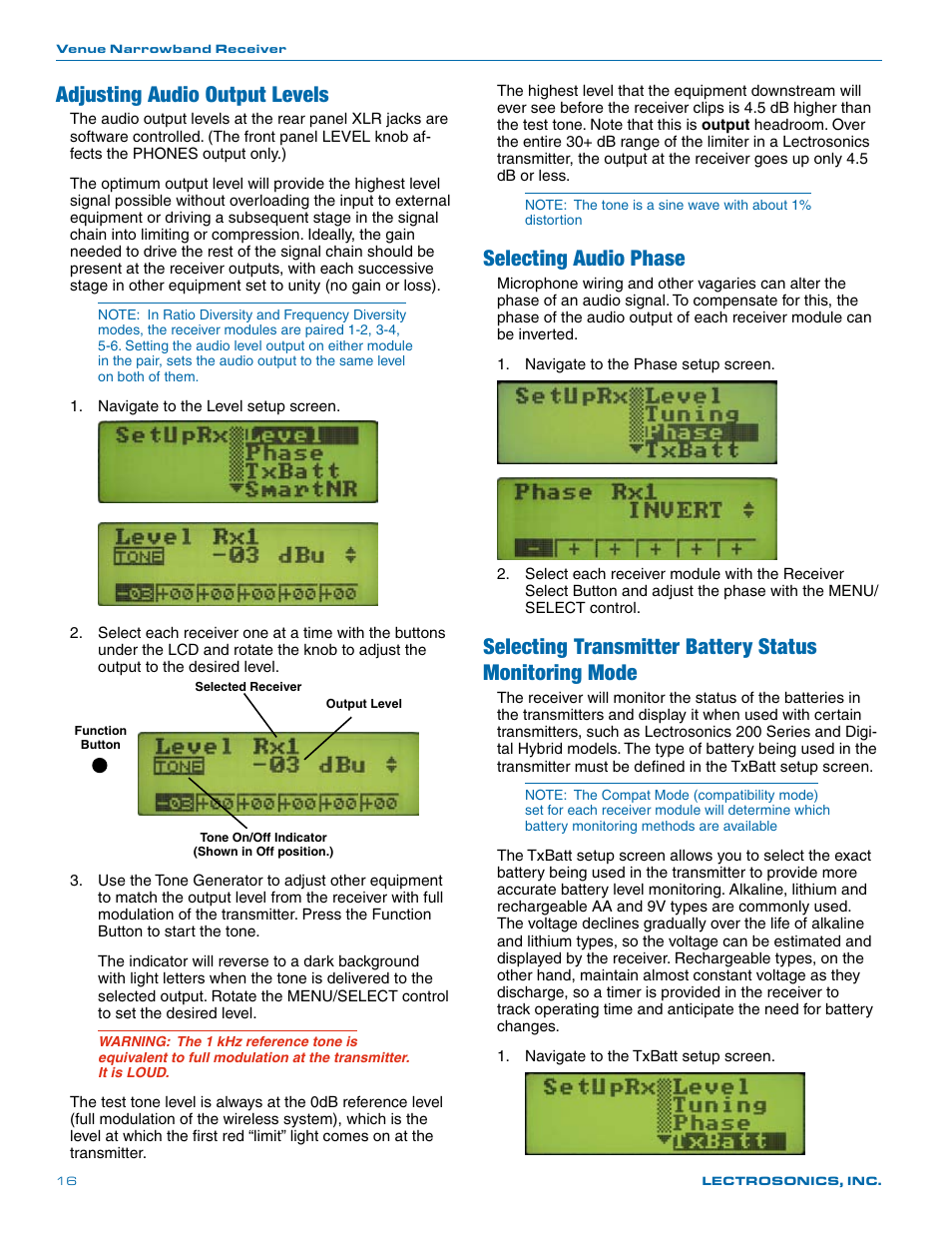 Adjusting audio output levels, Selecting audio phase | Lectrosonics Venue (Narrowband) User Manual | Page 16 / 32