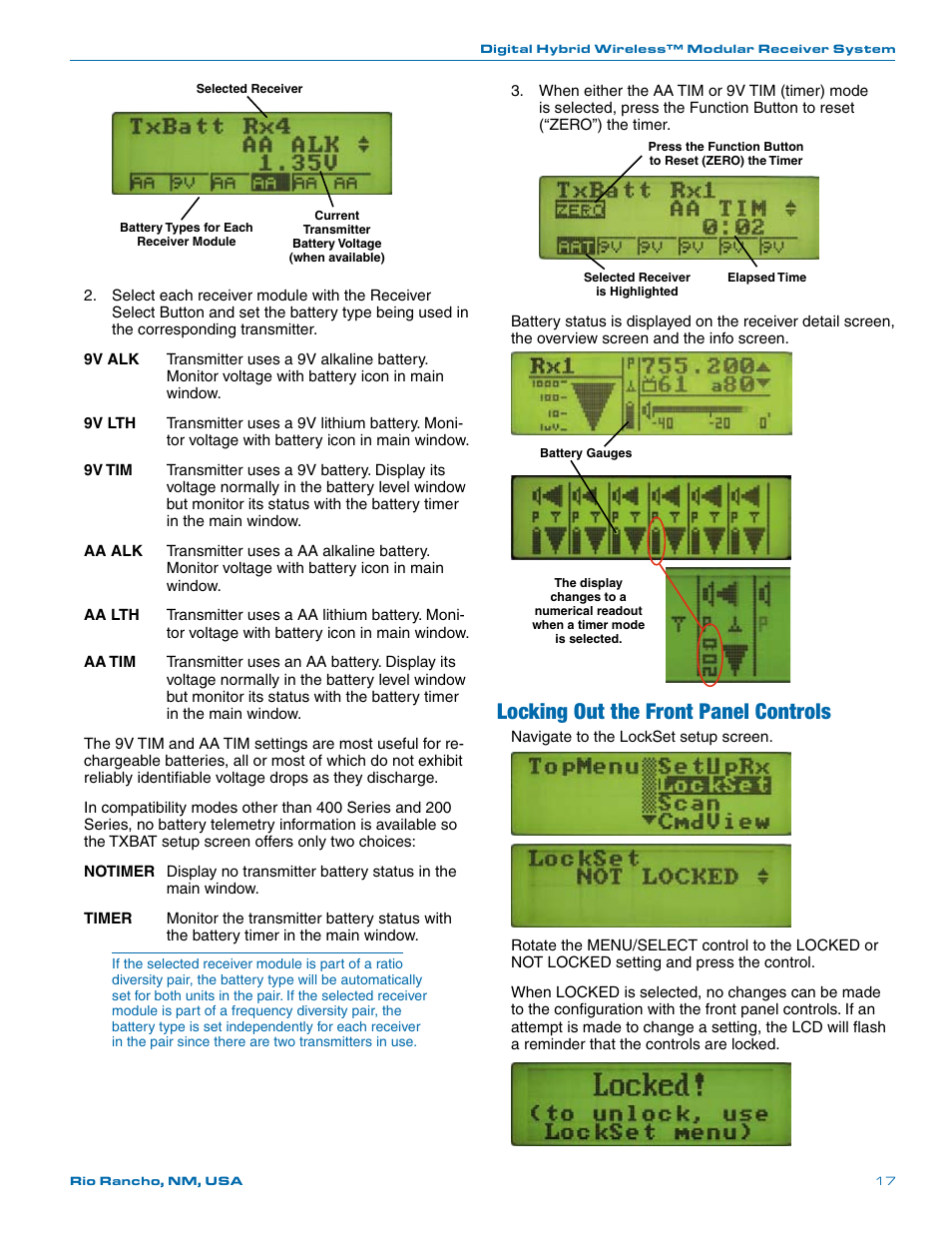 Locking out the front panel controls | Lectrosonics Venue (Narrowband) User Manual | Page 17 / 32