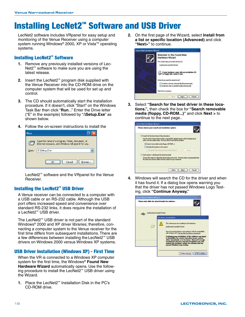 Installing lecnet2, Software and usb driver, Software | Installing the lecnet2, Usb driver, Usb driver installation (windows xp) - first time | Lectrosonics Venue (Narrowband) User Manual | Page 18 / 32