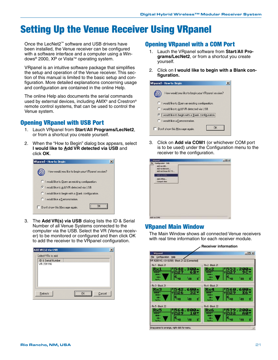 Setting up the venue receiver using vrpanel, Opening vrpanel with usb port, Opening vrpanel with a com port | Vrpanel main window | Lectrosonics Venue (Narrowband) User Manual | Page 21 / 32