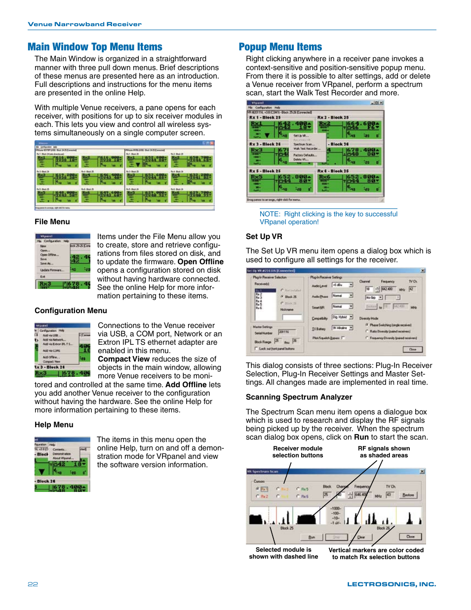 Main window top menu items, Popup menu items | Lectrosonics Venue (Narrowband) User Manual | Page 22 / 32