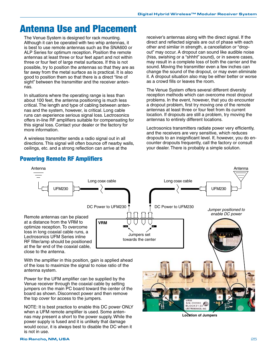 Antenna use and placement, Powering remote rf amplifiers | Lectrosonics Venue (Narrowband) User Manual | Page 25 / 32