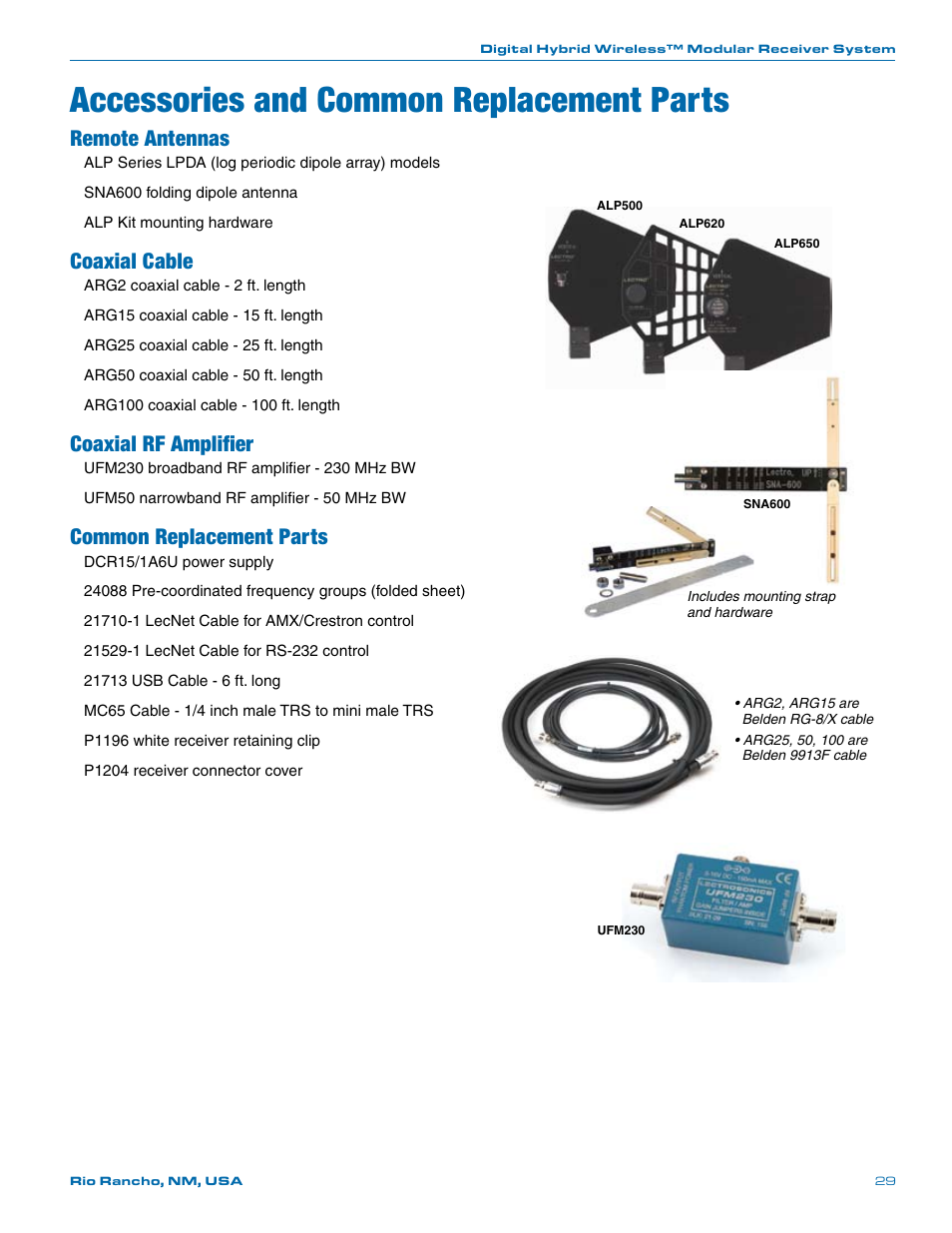 Accessories and common replacement parts, Remote antennas, Coaxial cable | Coaxial rf amplifier, Common replacement parts | Lectrosonics Venue (Narrowband) User Manual | Page 29 / 32