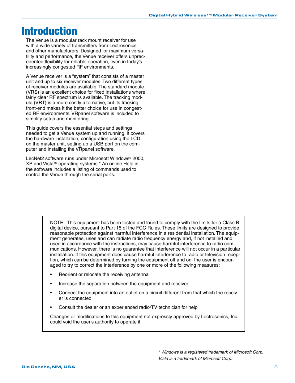 Introduction | Lectrosonics Venue (Narrowband) User Manual | Page 3 / 32