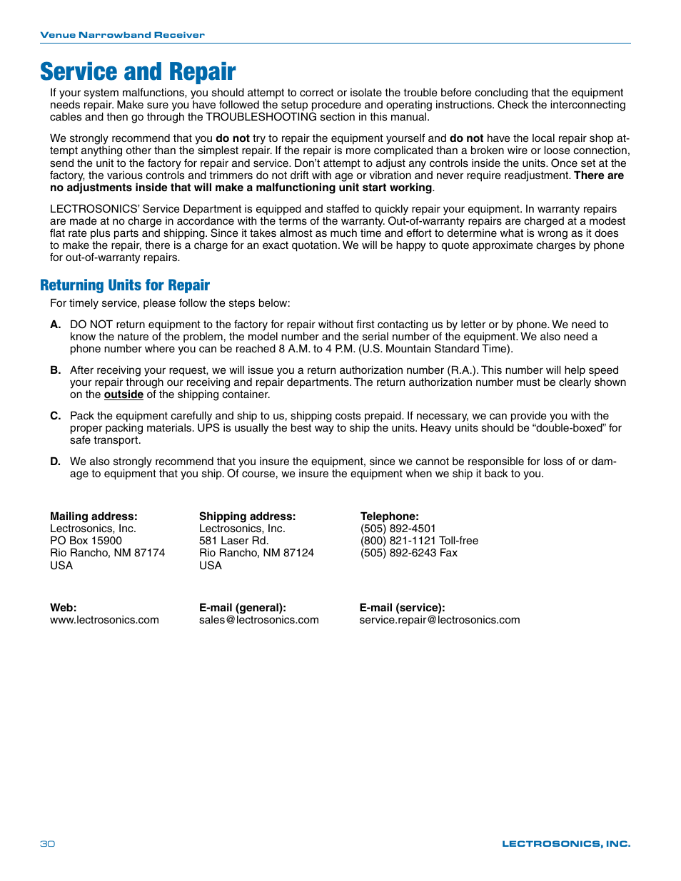 Service and repair, Returning units for repair | Lectrosonics Venue (Narrowband) User Manual | Page 30 / 32