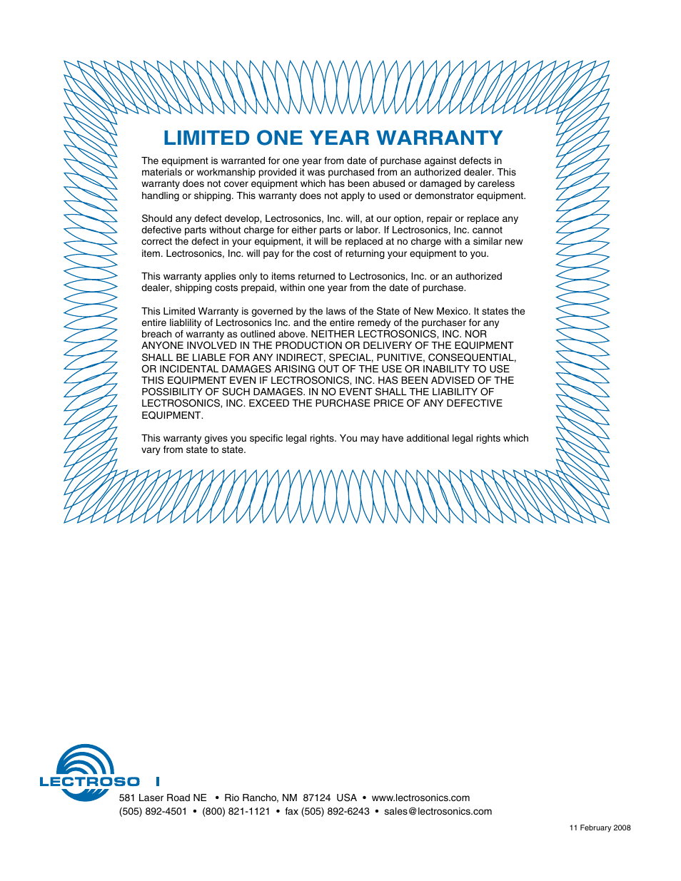 Limited one year warranty | Lectrosonics Venue (Narrowband) User Manual | Page 32 / 32