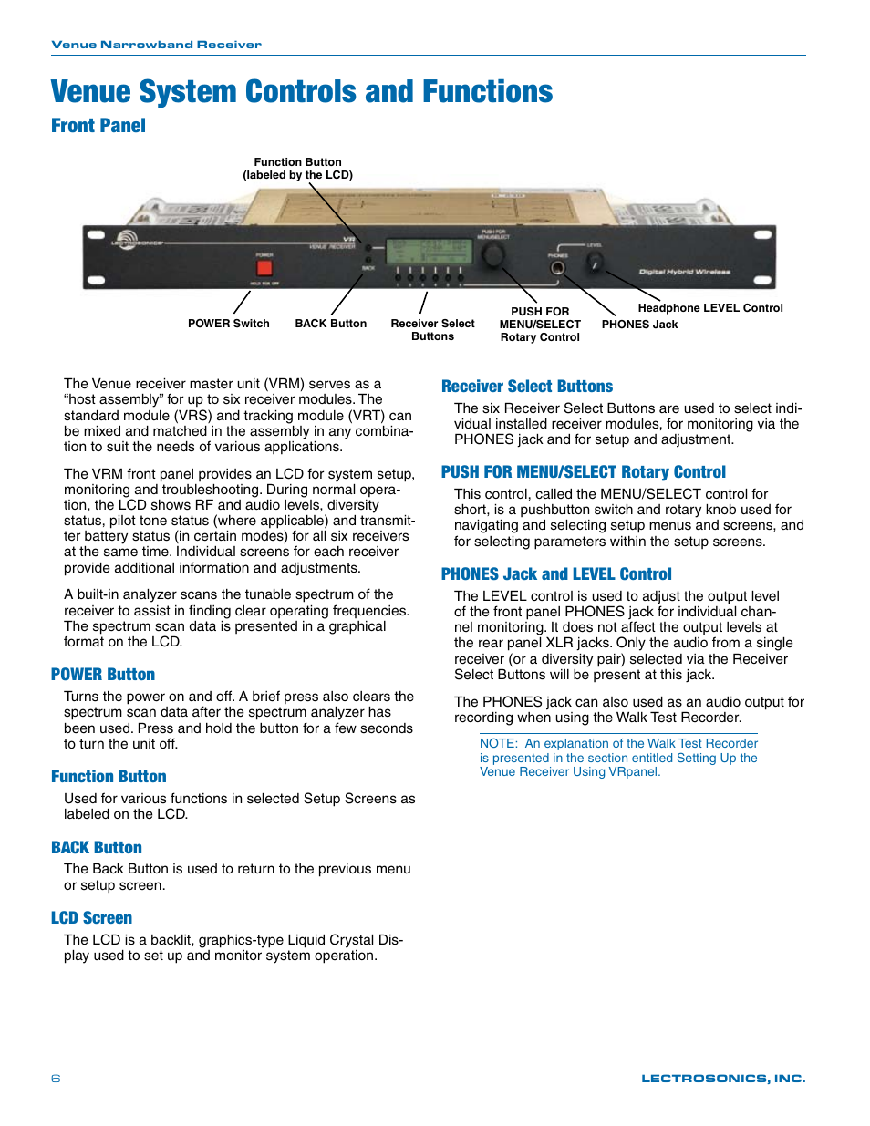 Venue system controls and functions, Front panel, Power button | Function button, Back button, Lcd screen, Receiver select buttons, Push for menu/select rotary control, Phones jack and level control | Lectrosonics Venue (Narrowband) User Manual | Page 6 / 32