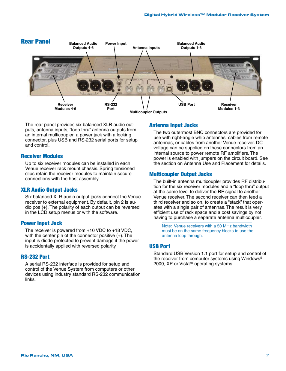 Rear panel, Receiver modules, Xlr audio output jacks | Power input jack, Rs-232 port, Antenna input jacks, Multicoupler output jacks, Usb port | Lectrosonics Venue (Narrowband) User Manual | Page 7 / 32